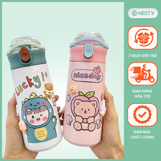 Bình Giữ Nhiệt Inox 304 An Toàn, Nắp Bật Chống Rò Rỉ, Có Ống Hút, Tặng Kèm Sticker 2D Và 3D, Dung Tích 500ml