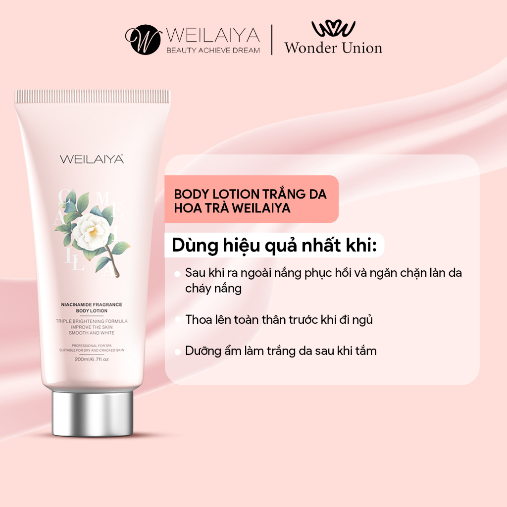 Lotion dưỡng thể trắng da body hoa trà Weilaiya giúp phục hồi, dưỡng ẩm, làm mờ vết thâm cho da tuýp 200ml