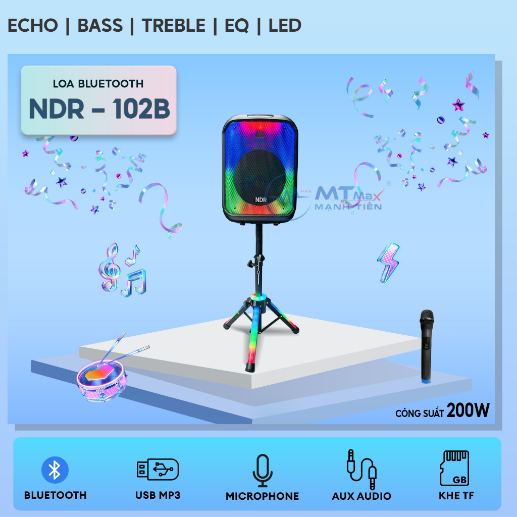 Loa Bluetooh Karaoke NDR 102B - Loa Đèn Led Cực Đẹp 7 Chế Độ, Âm Thanh Mạnh Mẽ, Trầm Ấm, Kết Nối Bluetooth, USB, TF, AUX