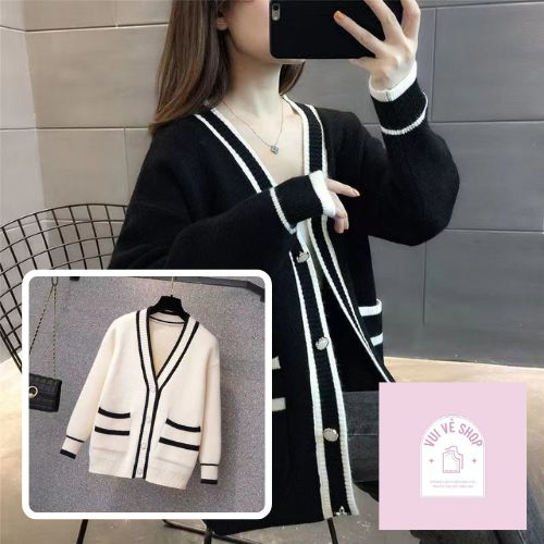 Áo Khoác Cardigan Len, Áo Len Dệt Kim Trơn Cổ V Phối Viền Có Túi Tay Dài Dáng Rộng Thời Trang Nữ Hàn Quốc | Vui Vẻ Shop