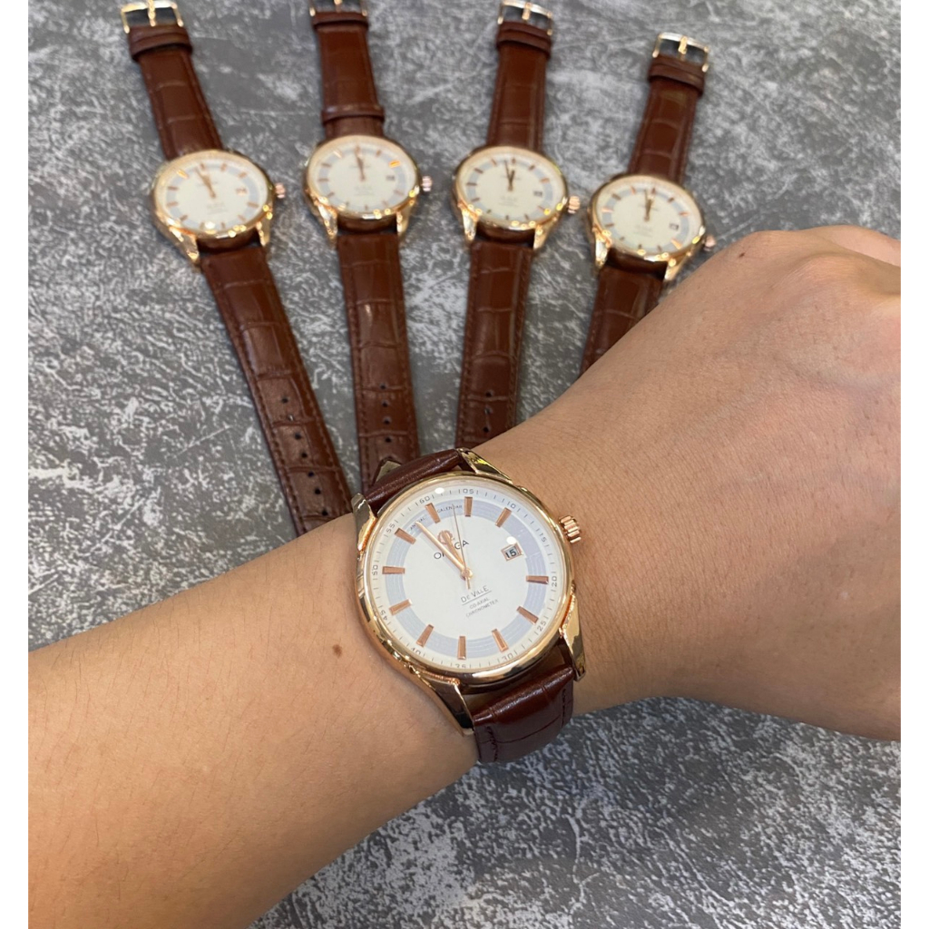 Đồng hồ nam DeVill mặt trắng viền vàng hồng dây da