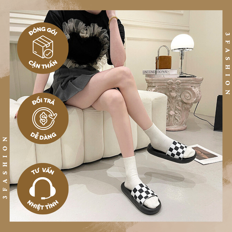 Dép bánh mì quai ngang nữ kẻ caro thời trang sành điệu nhựa bền nhẹ êm chân - 3Fashion 3245