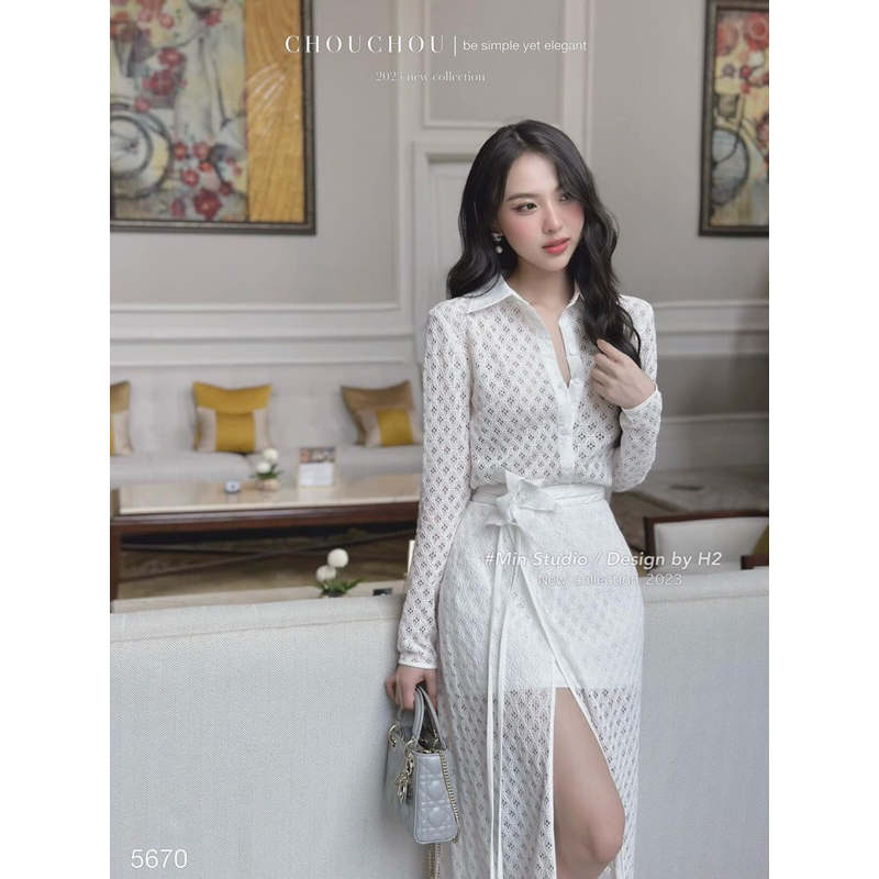 Set ren thiết kế sơ mi cổ đức, chân váy xẻ tà hàng thiết kế sang chảnh size SM