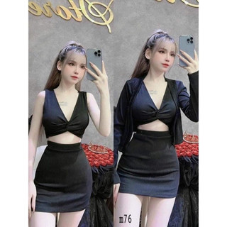 Bigsize Sét 3 món chân váy thun gân áo soắn ngực kèm khoác 50-90kg ảnh chụp thật 199%