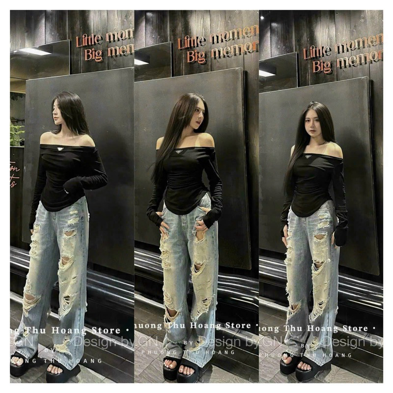 Áo Thun Trễ Vai Dài Tay Xỏ Ngón Đính Tag Pra Nhún Eo