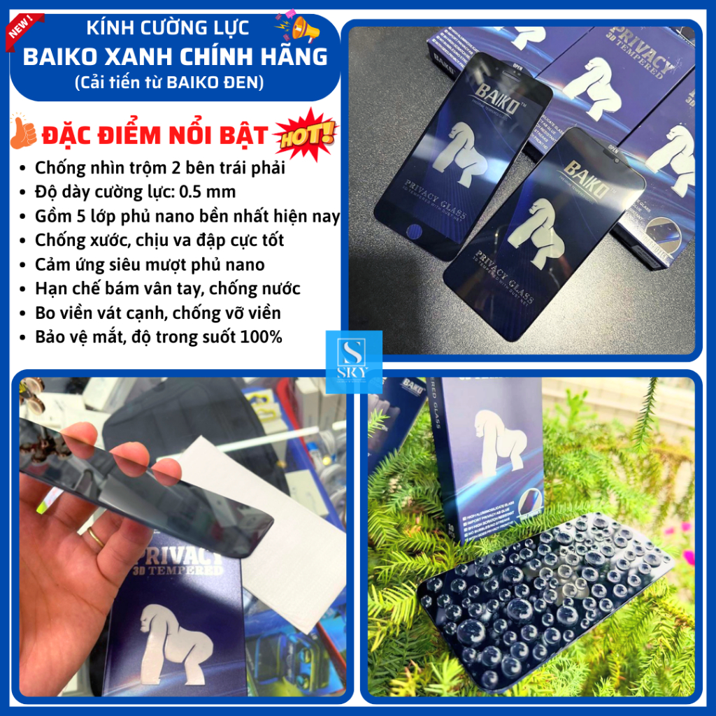 Cường lực Baiko Tím cho iphone 14 pro max 13 pro max 12 pro max 11 pro max xs max xr x 7 plus 8 plus 6 - Full màn hình