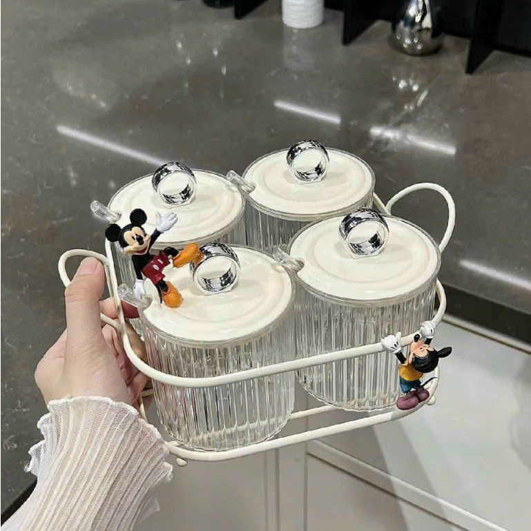 Bộ 3 Lọ Gia Vị/ Bộ 4 Lọ Có Kèm Thìa Và Khay Đựng, Hình Dán Nơ Hoặc Chuột mickey