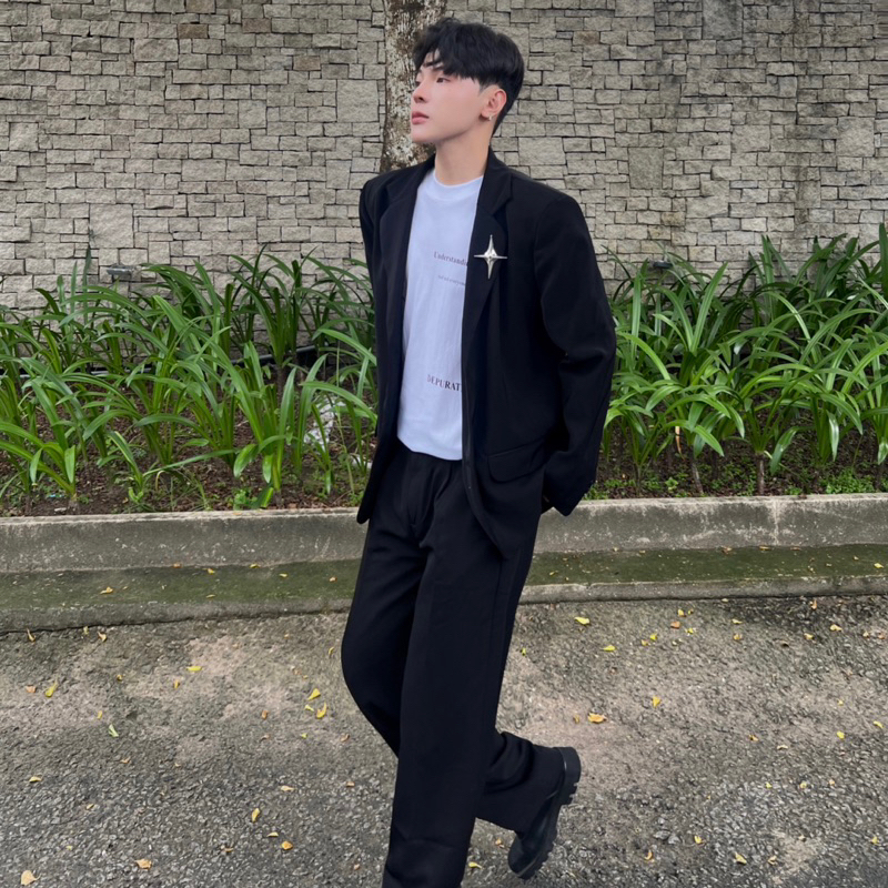 Áo khoác blazer Littlebrother 2 lớp from rộng độn vai tay dài tặng kèm phụ kiện ngôi sao