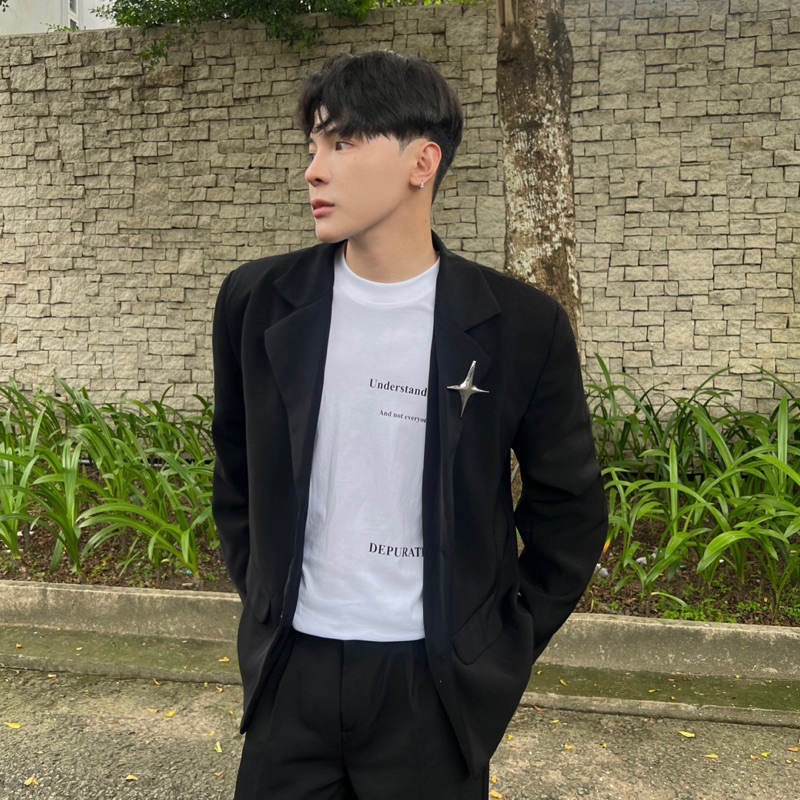 Áo khoác blazer Littlebrother 2 lớp from rộng độn vai tay dài tặng kèm phụ kiện ngôi sao