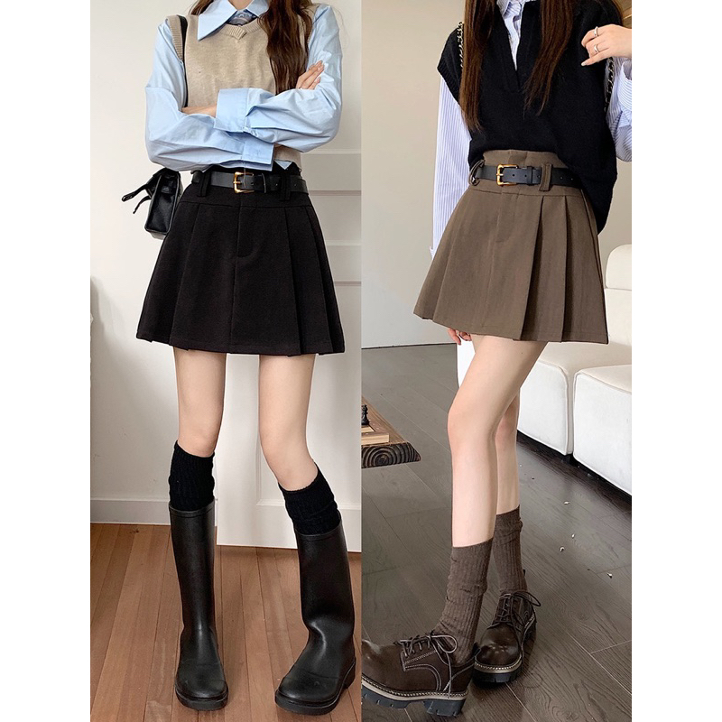 Chân váy ngắn xếp ly lưng cao vintage thu đông 2023