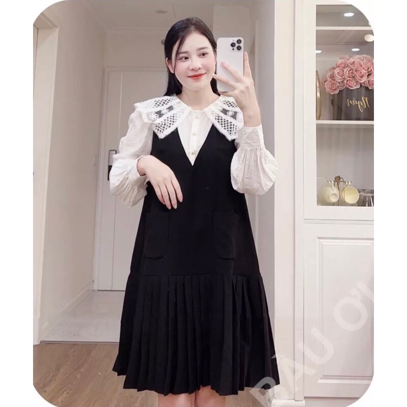 Váy bầu thu đông dài tay cổ sơ mi ren sang chảnh M04