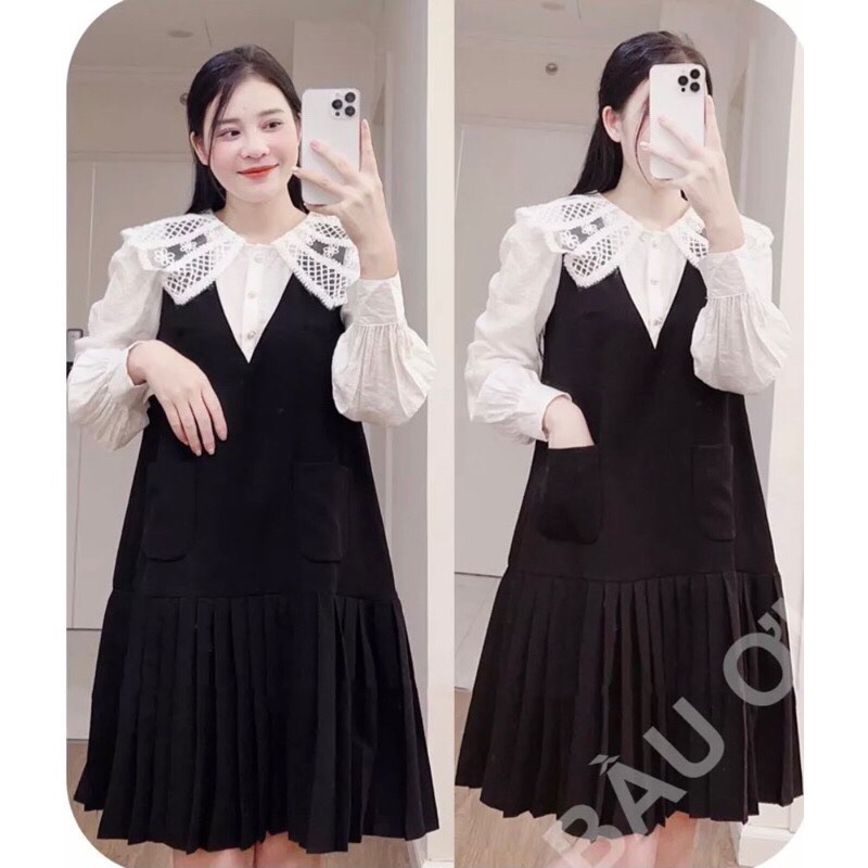Váy bầu thu đông dài tay cổ sơ mi ren sang chảnh M04