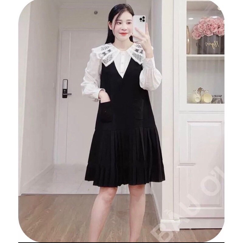 Váy bầu thu đông dài tay cổ sơ mi ren sang chảnh M04