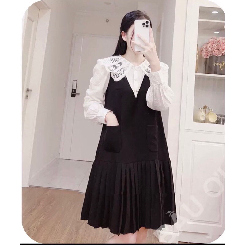 Váy bầu thu đông dài tay cổ sơ mi ren sang chảnh M04