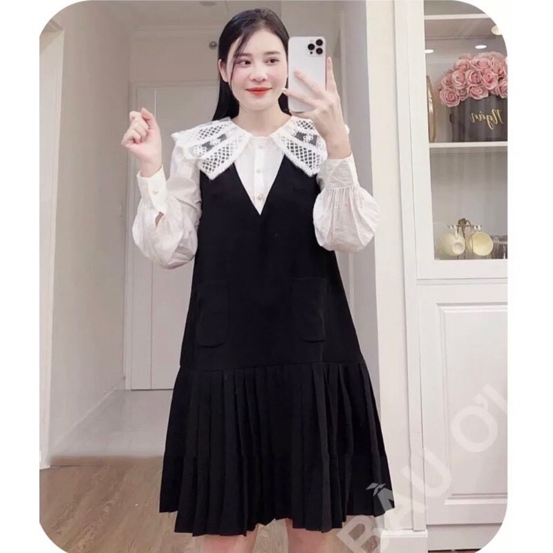 Váy bầu thu đông dài tay cổ sơ mi ren sang chảnh M04