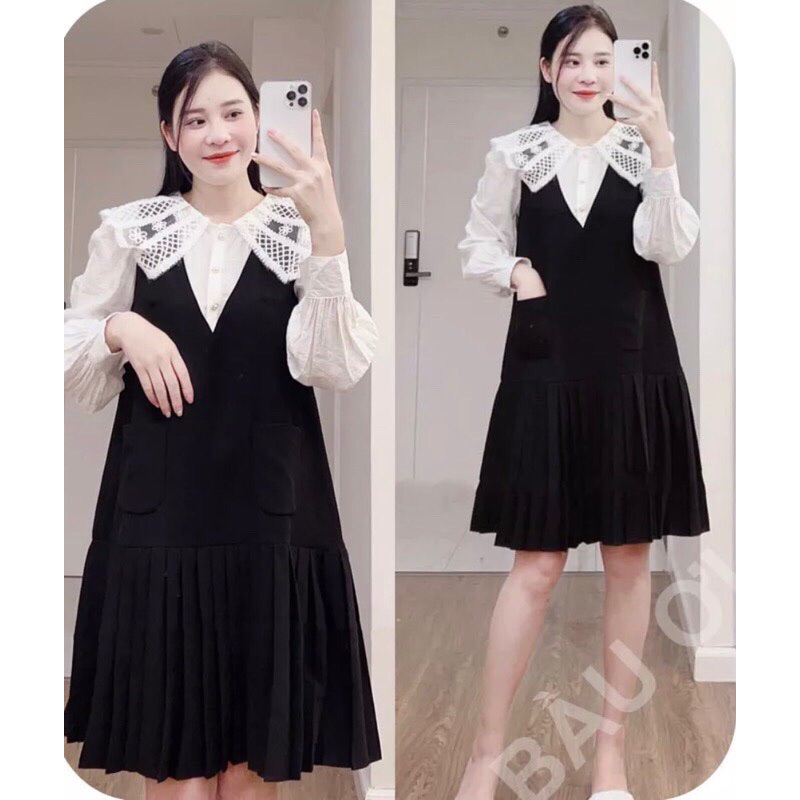 Váy bầu thu đông dài tay cổ sơ mi ren sang chảnh M04