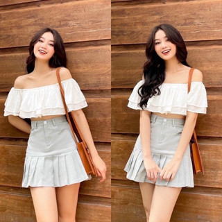 Set áo croptop bẹt vai kèm chân váy