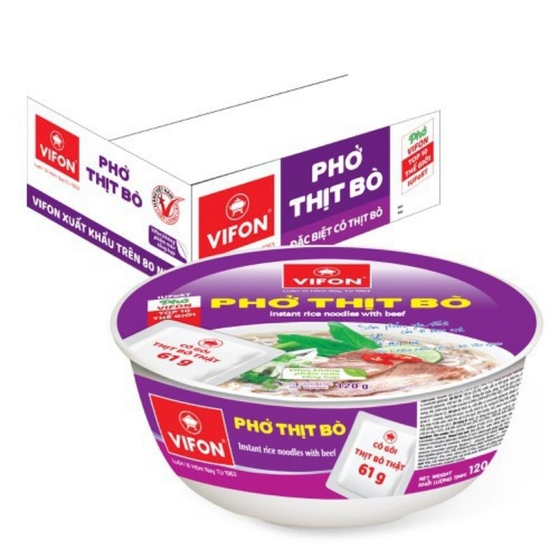 phở thịt bò Tô Vifon 120g ( có gói thịt thật/ Thùng 12 Tô).