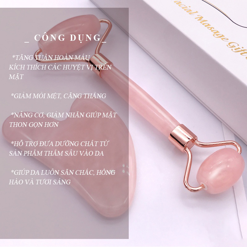Bộ đá massage mặt Guasha giảm nếp nhăn + Cây lăn massage nâng cơ bằng đá tự nhiên