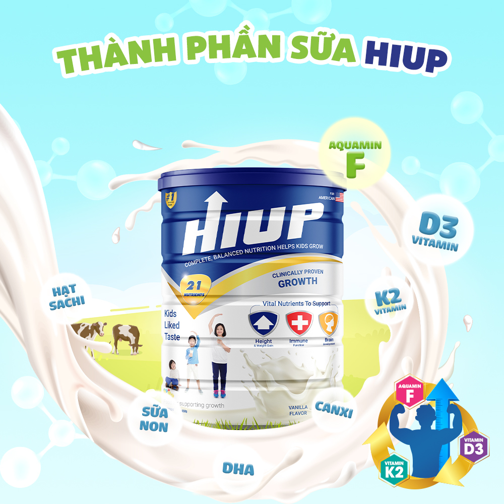 Combo 2 [TẶNG 2] hộp sữa bột HIUP (650g) tăng chiều cao, tăng cân cho trẻ từ 2 đến 15 tuổi tặng 1 D3K2 và 1 cốc HIUP