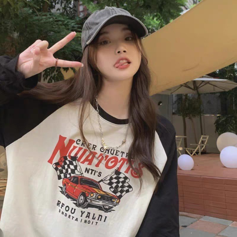 Áo dài tay phối màu in hình dể thương, Áo tay dài phối màu chất Cotton xược dáng dài