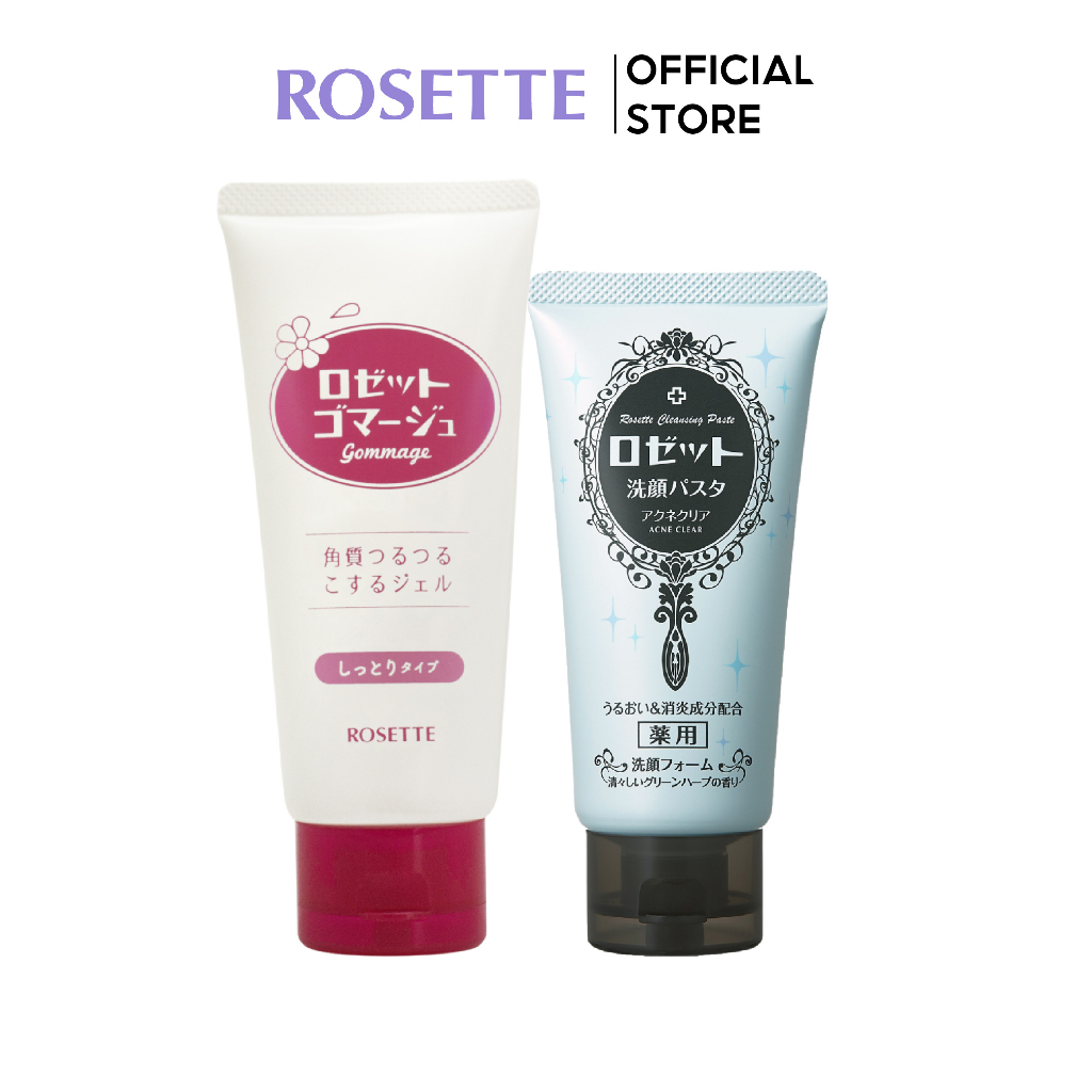 Bộ Sữa Rửa Mặt Làm Giảm Mụn Rosette Pasta Acne Clear 120g và Tẩy Tế Bào Chết Dành Cho Da Khô Rosette Gommage Moist 180g