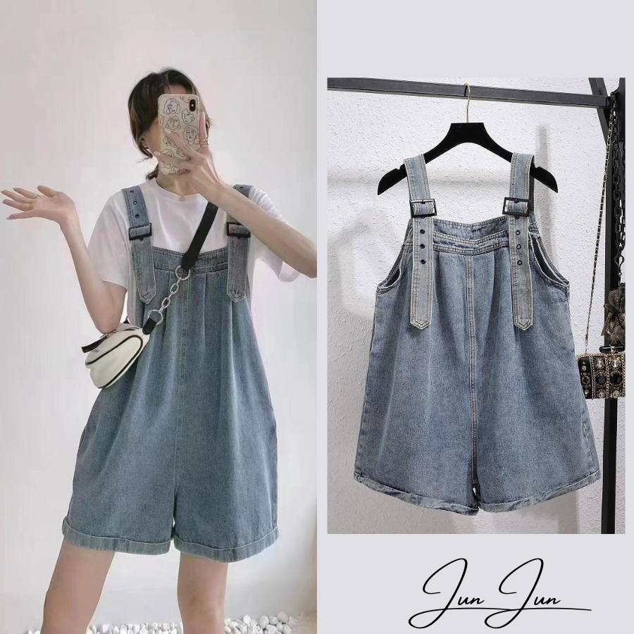 Quần yếm jeans short ống rộng xanh nhạt Hàn Quốc dễ thương, năng động, xinh xắn