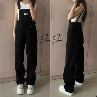 [Sẵn đủ size - Hàng chuẩn loại 1] Quần yếm jeans dài trơn ống rộng màu đen basic thêu logo siêu phẩm Hàn Quốc cao cấp
