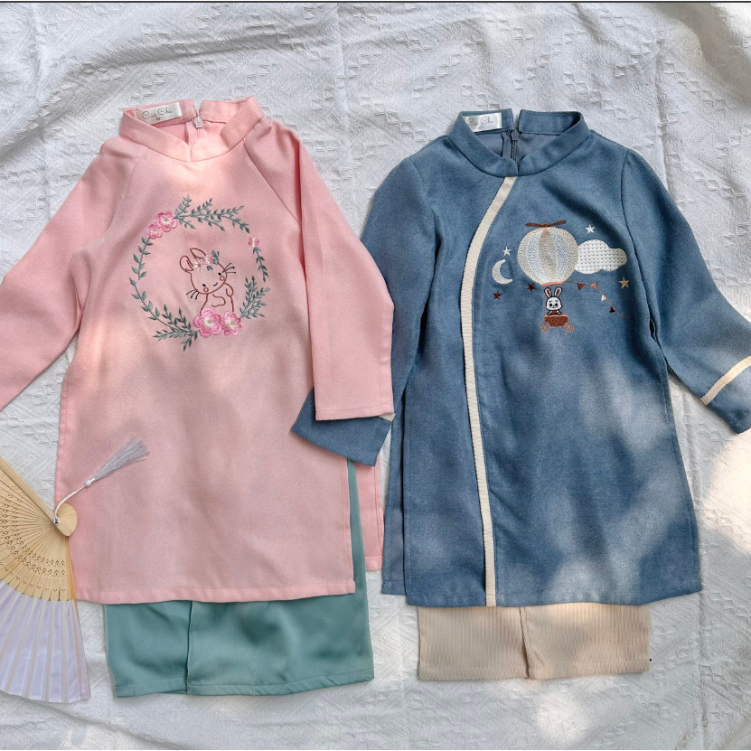 Áo dài thêu cho bé gái, bé trai xinh xắn dễ thương, áo dài cho mẹ và bé