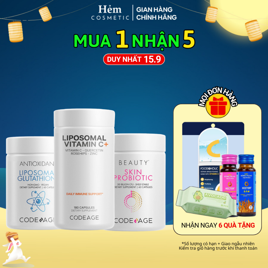 Combo phục hồi sắc tố da CodeAge Liposomal Glutathione + Liposomal Vitamin C + Skin Probiotic