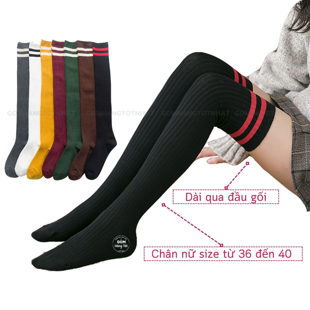 Tất dài qua gối nữ mẫu 2 sọc ngang, vớ đùi nữ thời trang mẫu Hàn Quốc mềm mại thoáng mát - FIVE11-DAI-DAUGOI-1DOI
