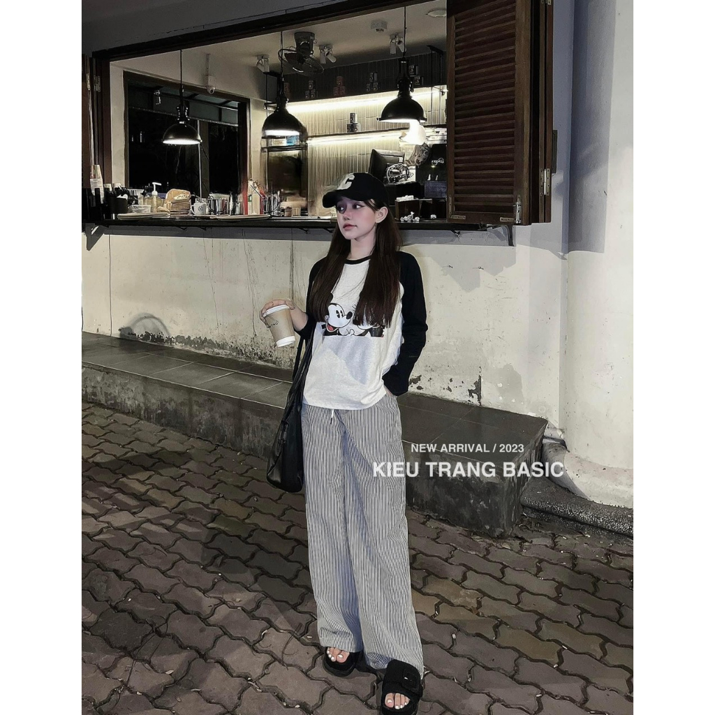 Sét áo phông in micky phối tay mix quần kẻ cotton dáng xuông cute - Set áo thu đông mặc nhà Medolin 