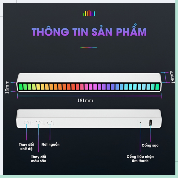 Thanh đèn Led cảm biến GOGINDSHOP đèn Led RGB cảm ứng âm thanh siêu nhạy, có chân đế trang trí bàn làm việc