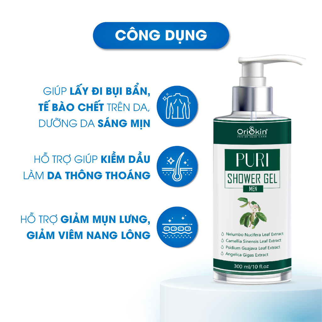 Sữa Tắm Hỗ Trợ Ngăn Ngừa Mụn, Viêm Nang Lông, Làm Sạch Sâu Bụi Bẩn, Dành Cho Nam Oriskin Puri shower Gel 300ml