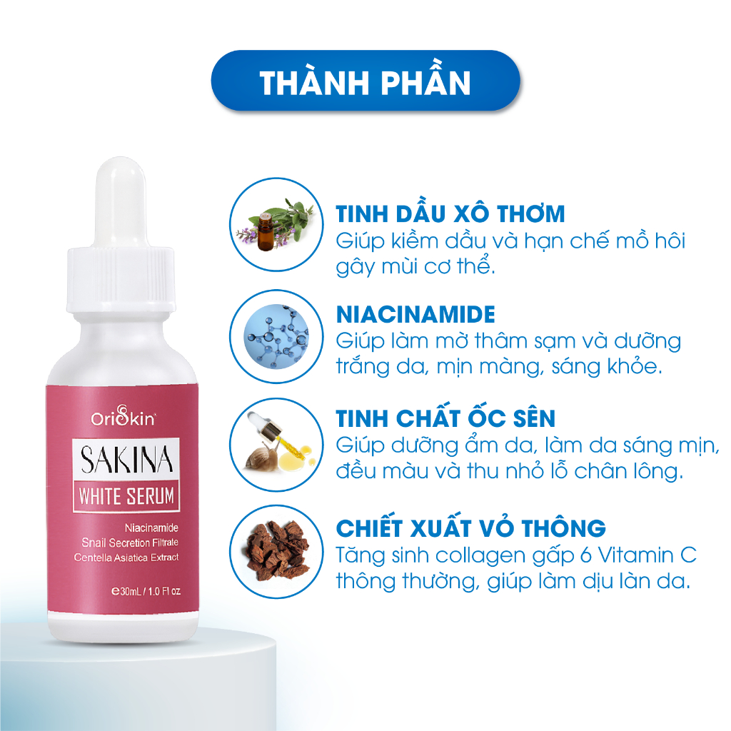 Serum Mờ Thâm Nách, Mông, Thâm Đầu Gối, Khuỷu Tay, Khử Mùi Vùng Nách Oriskin Sakina White Serum 30ml