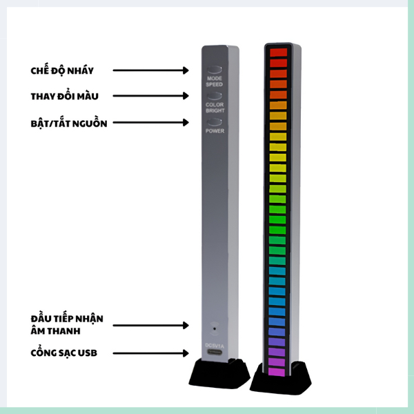 Thanh đèn Led cảm biến GOGINDSHOP đèn Led RGB cảm ứng âm thanh siêu nhạy, có chân đế trang trí bàn làm việc