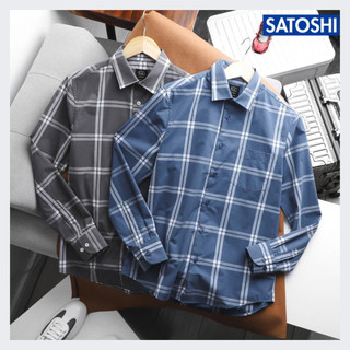 Áo sơ mi SASM64 caro lớn tay dài màu xanh / xám có túi trước ngực |SATOSHI|