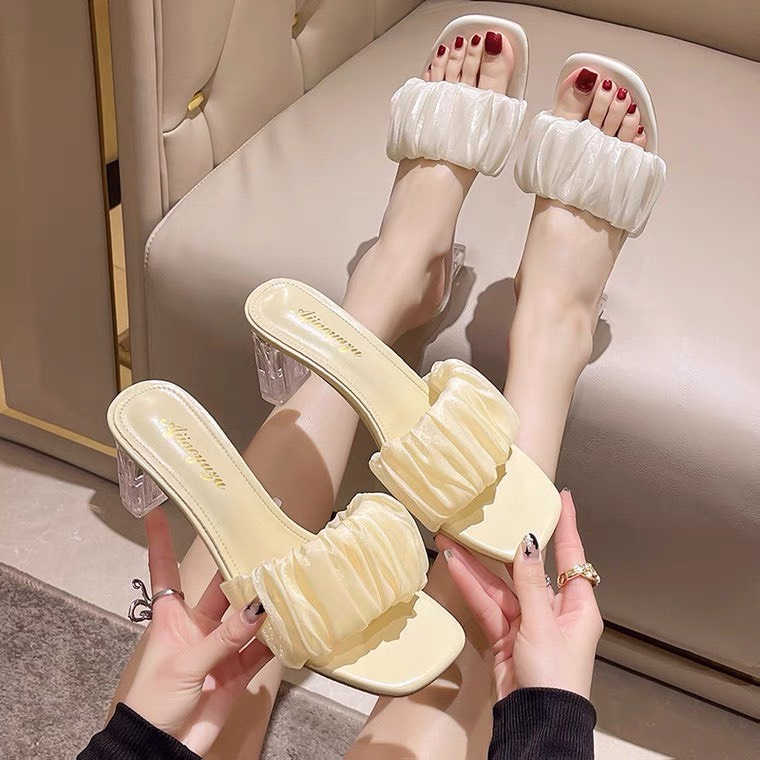 Dép Nữ Cao Gót 7P Quai Ngang Nhún Bèo Chất Da Mềm Lên Chân Siêu Êm