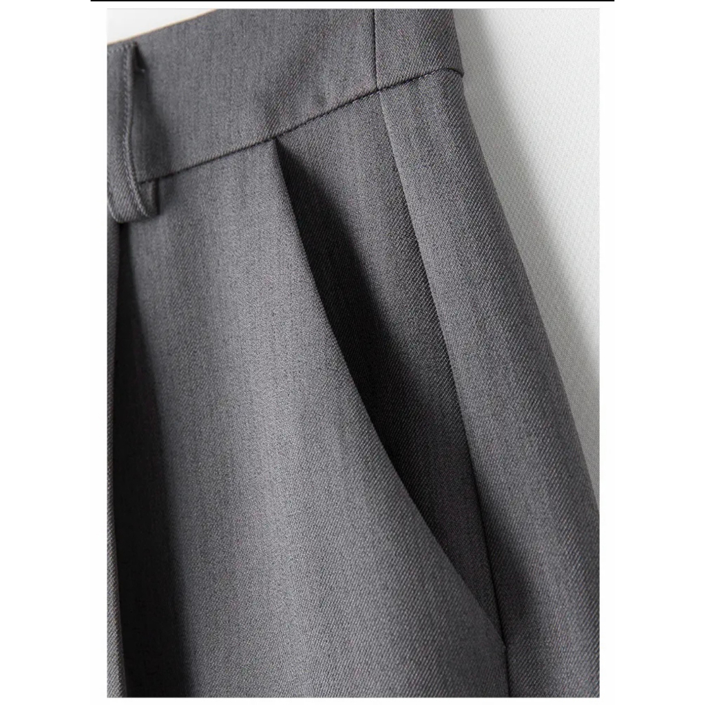 Quần ống suông rộng nữ màu ghi xám lưng cao có đĩa có túi dài 105cm - mã 1052