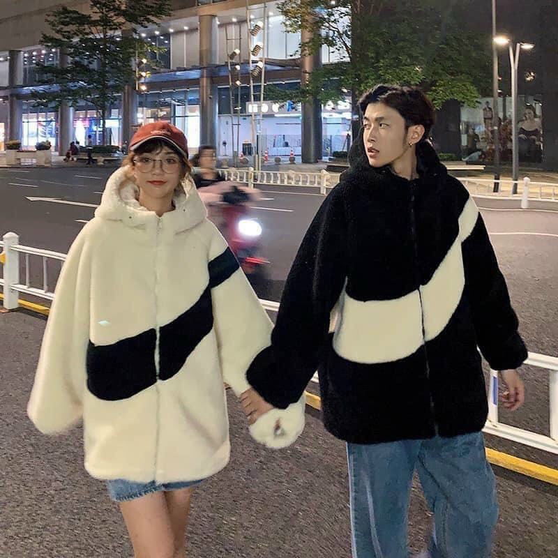 Áo Khoác Lông Cừu NlKE Đen Có Mũ siêu ấm form rộngThời Trang Mùa Đông Lông cừu Hot trendtrẻ trung năng động thời trang