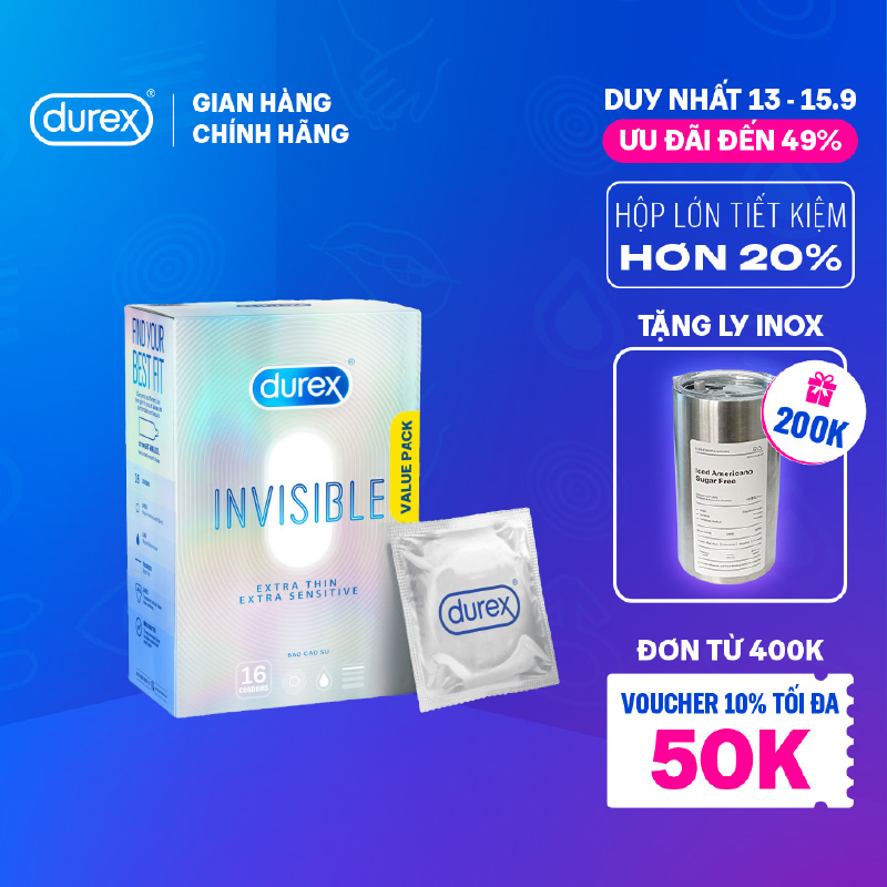 Bao Cao Su Durex Invisible Siêu Mỏng, Size 52 mm, Hộp 16 Bao Mới Ra Mắt - Hộp Lớn Siêu Tiết Kiệm