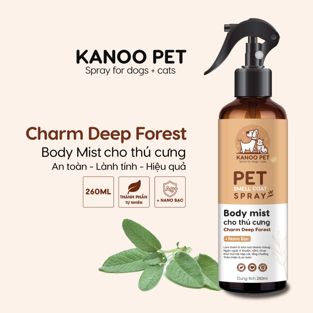 Bodymist xịt thơm khử mùi cho chó mèo Charm Deep Forest 260ml dưỡng da lông, thơm lâu hương nước hoa, khử khuẩn, an toàn