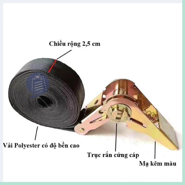 Dây chằng hàng tăng đơ GOGINDSHOP bản 25mm tải 800kg móc J - Chất liệu dây 100% polyester, màu cam dài 3M