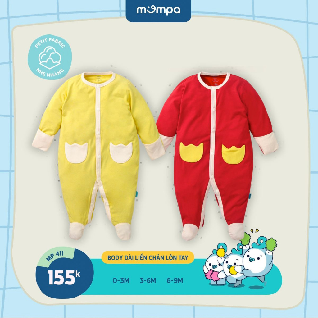 Bộ bodysuit lộn tay cho bé sơ sinh Mompa 0 đến 9 tháng vải petit co giãn thoáng mát MP 411