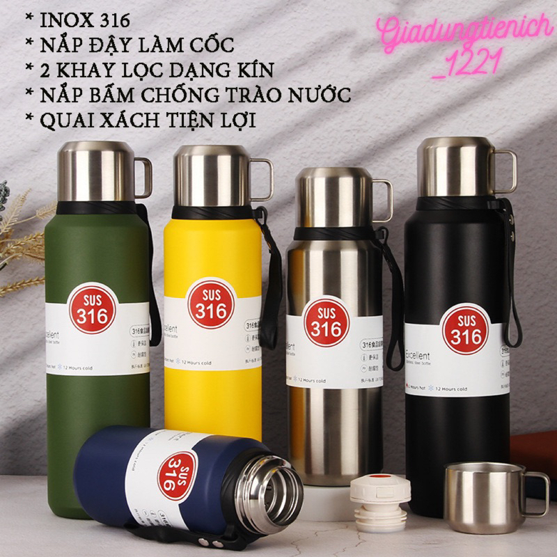 Bình Giữ Nhiệt SUS316 Cao Cấp Giữ Nhiệt Nóng Lạnh 24h Dung Tích 1000ml/ 1500ml Có Khay Pha Trà, Nắp Làm Cốc Uống Nước