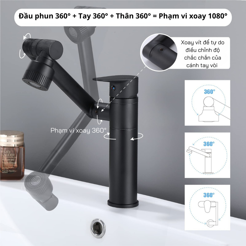 Bộ vòi rửa tay Lavabo xoay 1080 độ nhiều tia nước, có thể tháo rời, chất liệu đồng thau siêu tiện dụng