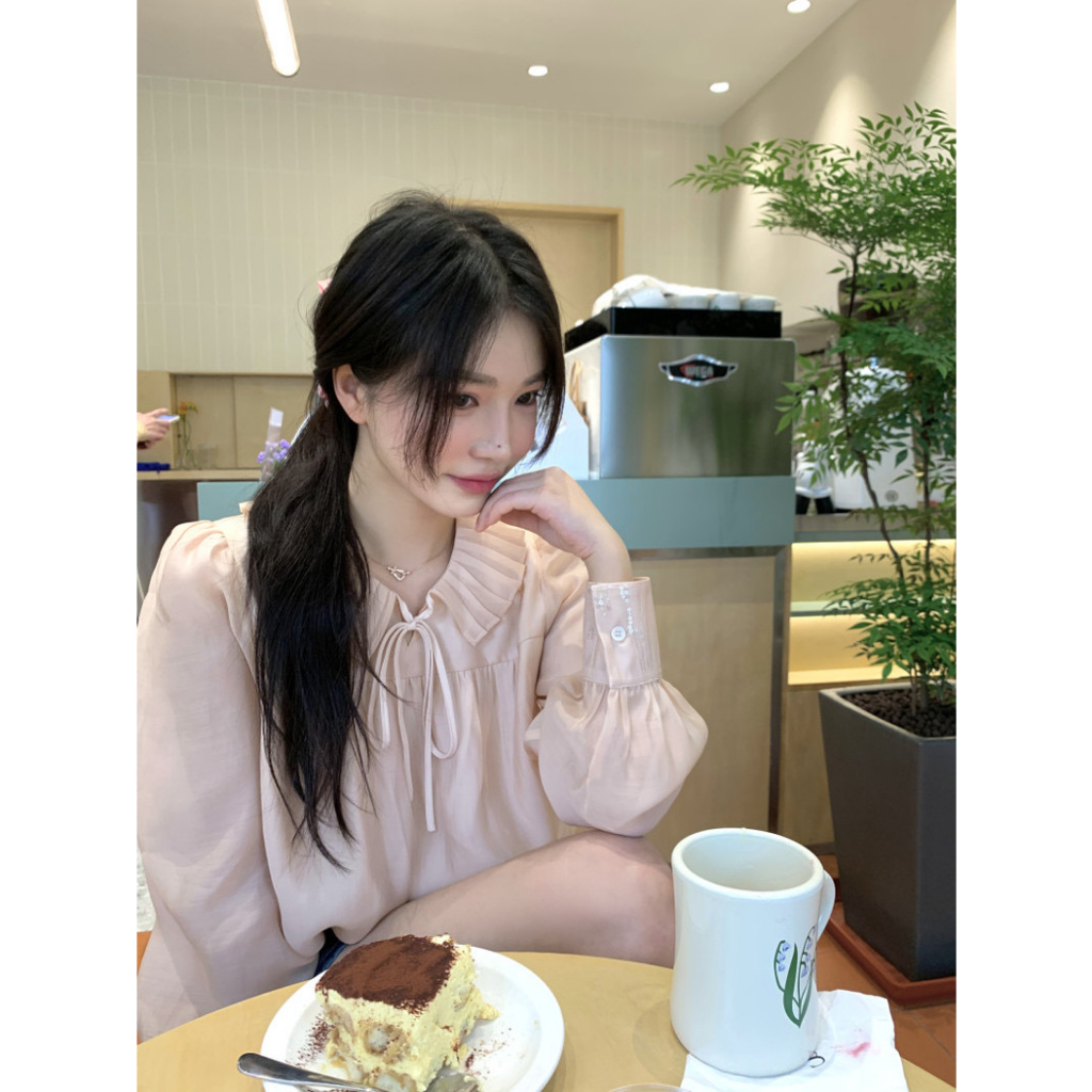 Áo Sơ Mi Hồng Voan Tiểu thư thắt Nơ Tay Dài Phong Cách Hàn Quốc