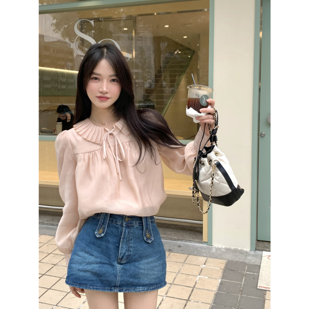 Áo Sơ Mi Hồng Voan Tiểu thư thắt Nơ Tay Dài Phong Cách Hàn Quốc