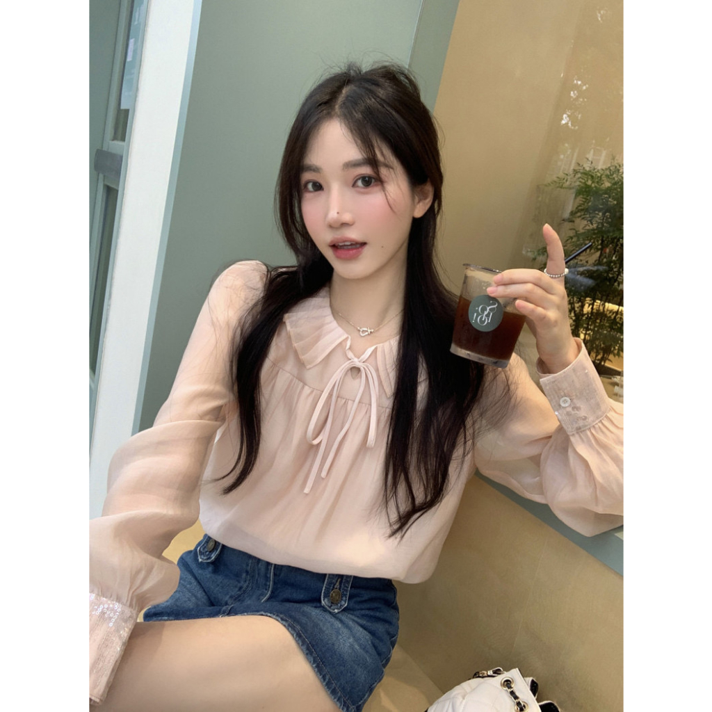 Áo Sơ Mi Hồng Voan Tiểu thư thắt Nơ Tay Dài Phong Cách Hàn Quốc