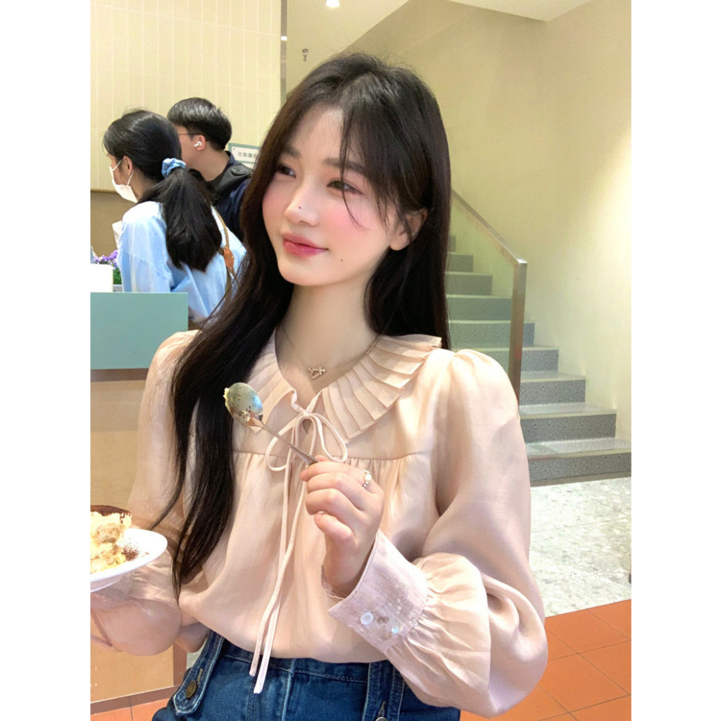 Áo Sơ Mi Hồng Voan Tiểu thư thắt Nơ Tay Dài Phong Cách Hàn Quốc